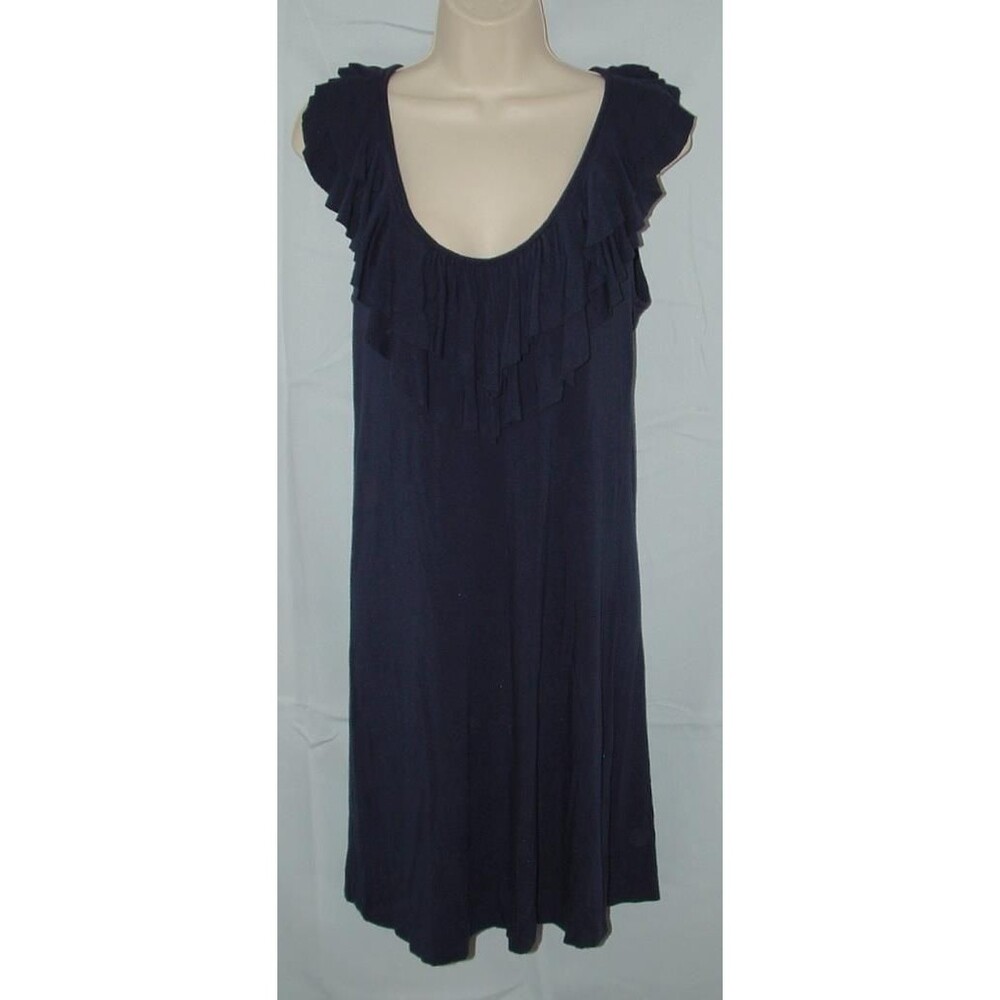 Navy Blue Sz Small Sleeveless Soft Stretchy Ruffled Neck Comfy Swing Dress